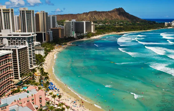 Волны, пляж, океан, Hawaii, Beach, Waikiki