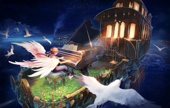 Картинка девушка, птицы, ангел, аниме, рояль, вагон