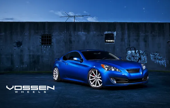 Картинка синий, стена, антенна, Hyundai, blue, хёндай, Genesis, Vossen Wheels
