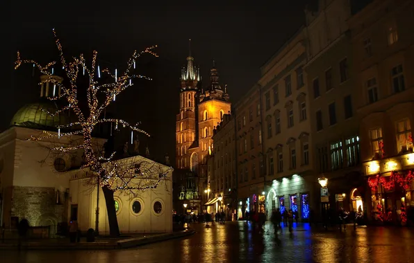 Ночь, огни, Польша, Краков, церковь Святого Адальберта, Мариацкий костел
