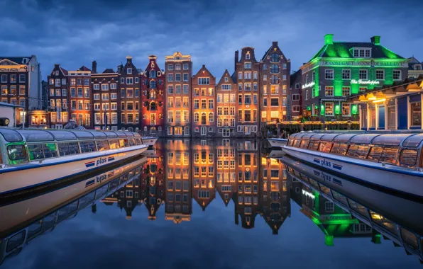 Отражение, здания, дома, Амстердам, канал, Нидерланды, ночной город, Amsterdam
