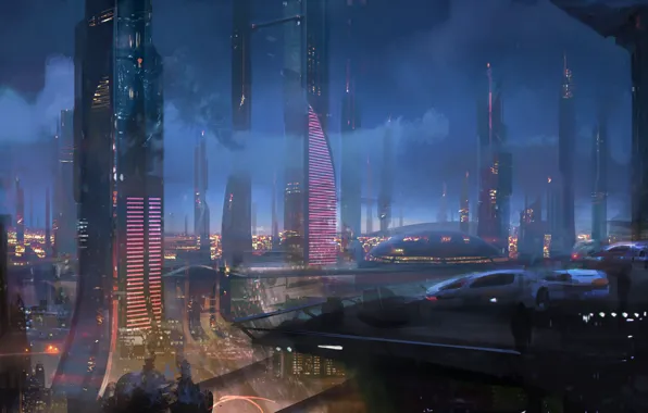 Город, будущее, мегаполис, неон вывески, sci fi city