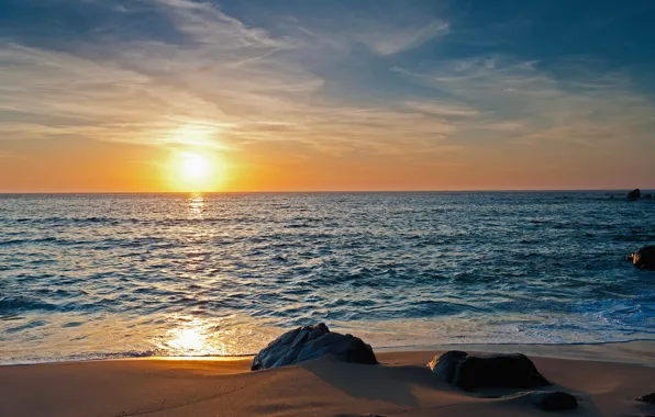 Картинка песок, море, закат, природа, камни, горизонт