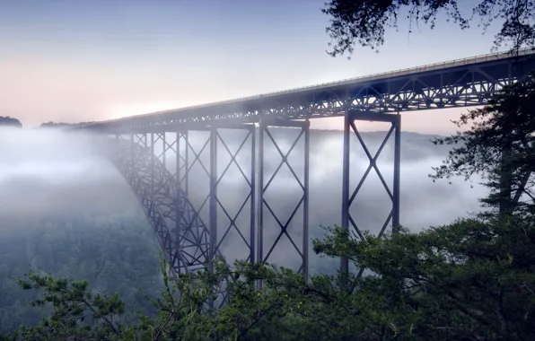 Картинка пейзаж, мост, туман, New river gorge bridge