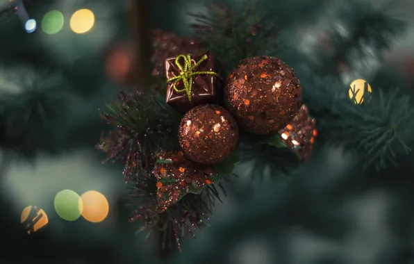 Подарок, шары, красные, украшение, новогоднее