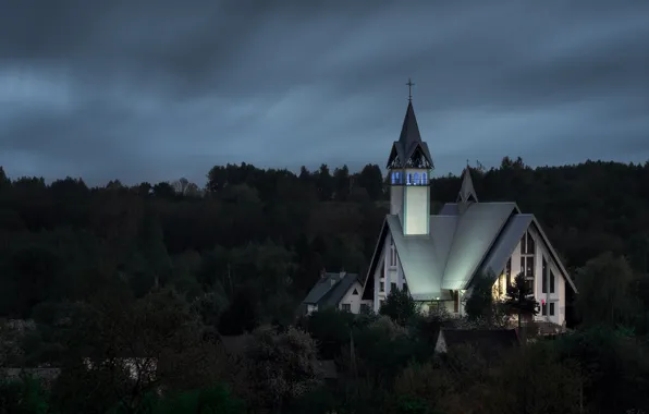 Пейзаж, ночь, природа, подсветка, Польша, церковь, леса