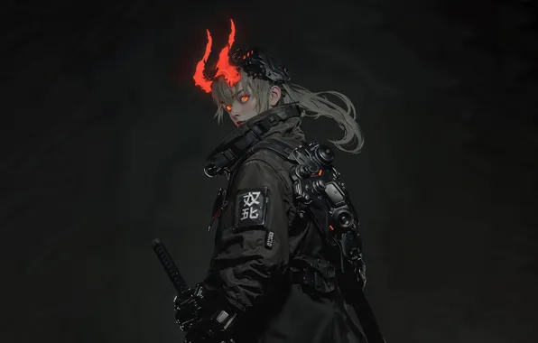 Girl, Dark, Katana, Sci-Fi, Horn, AI Art, AI Generated