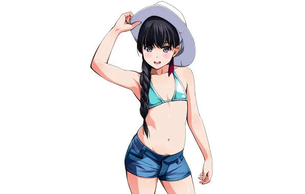 Girl, shorts, long hair, hat, anime, beautiful, pretty, braid