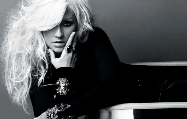 Поза, черно-белый, волосы, блондинка, певица, Christina Aguilera, Кристина Агилера