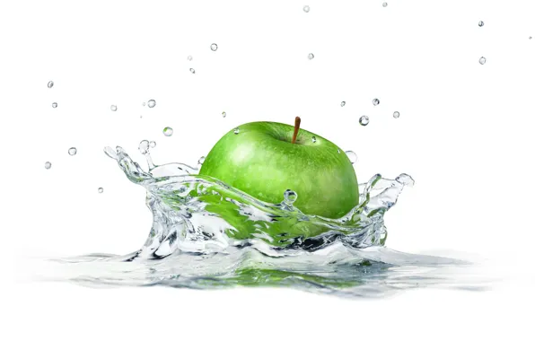 Картинка вода, брызги, Apple, яблоко, белый фон, water, white background, sprays