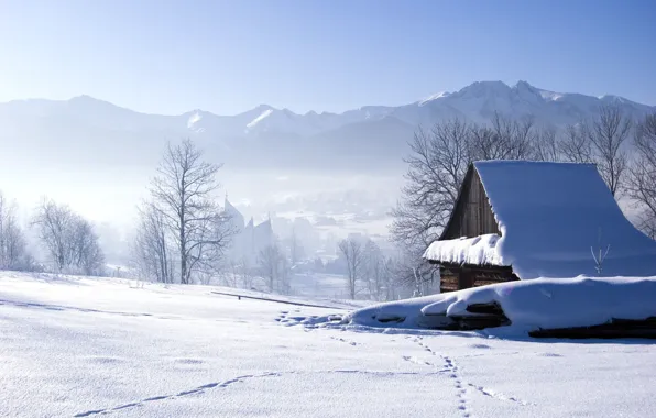 Зима, снег, пейзаж, дом