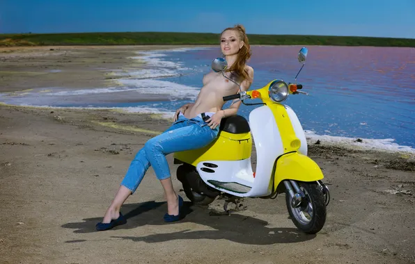 Girl, woman, young, jeans, cute, helmet, scooter