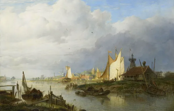 Картинка деревья, пейзаж, масло, картина, Корабли на Реке Около Маяка, Hendrik Vettewinkel