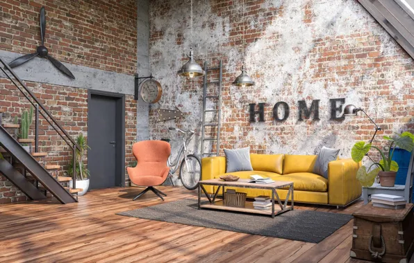 Комната, лестница, гостиная, design with grunge walls loft style, интерьер в индустриальном стиле, дизайн с …