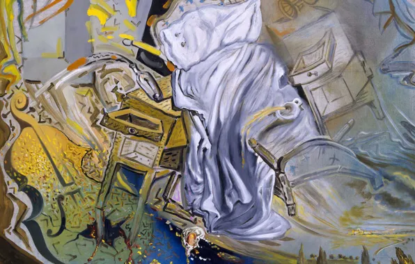Картинка сюрреализм, картина, Сальвадор Дали, Salvador Dali, Яростно Атакуют Виолончель, Кровать и Две Прикроватные Тумбочки