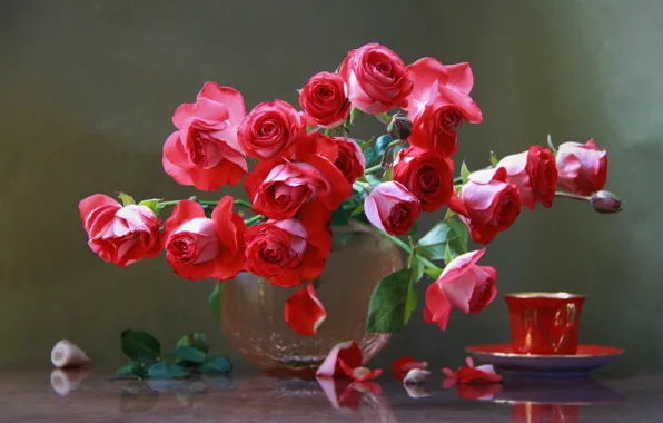 Картинка цветы, розы, лепестки, чашка, ваза, ракушки, Наталья Кудрявцева