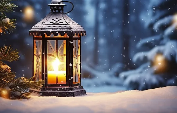 Зима, снег, ночь, Рождество, фонарь, Новый год, Christmas, night