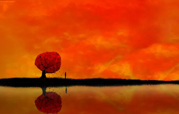 Картинка осень, дерево, человек, autumn reflection