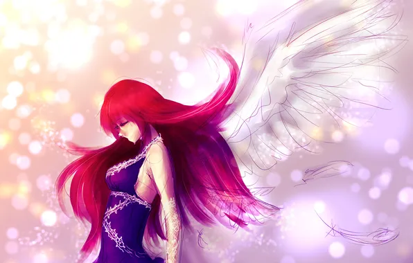 Девушка, крылья, ангел, аниме, платье, профиль, красные волосы