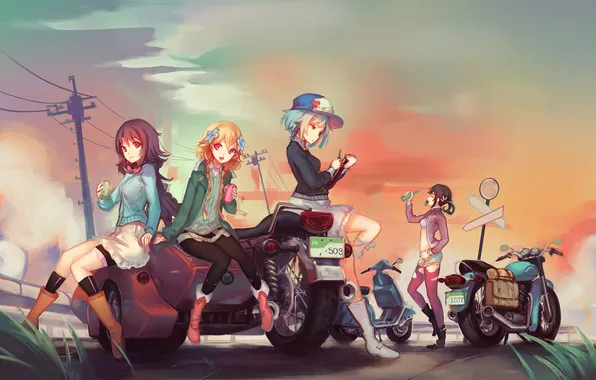 Дорога, девушки, мотоциклы, аниме, знаки, арт, doomfest, moritomo nozomi