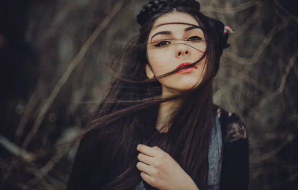 Взгляд, девушка, ветки, ветер, волосы, портрет, брюнетка, Cristina Venedict