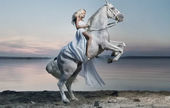 Картинка девушка, озеро, конь, платье, всадница, наездница