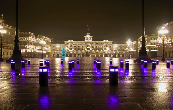 Ночь, город, площадь, Италия, Триест, Trieste, Piazza Unita