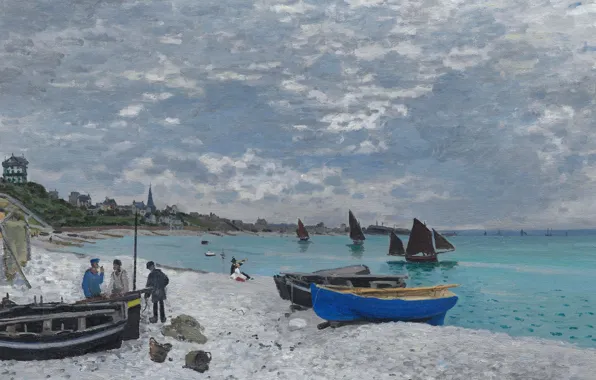 Картинка пейзаж, лодка, картина, парус, Клод Моне, Пляж в Сент-Адрессе