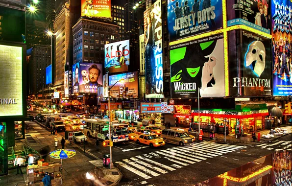 Машины, улица, вечер, реклама, перекресток, нью-йорк, new york