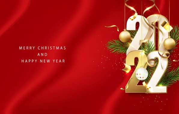 Шарики, Рождество, Новый год, красный фон, 2022, еловые веточки