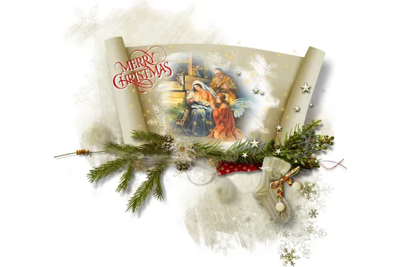 Праздник, носок, Рождество, белый фон, Новый год, хвоя, поздравление, открытка