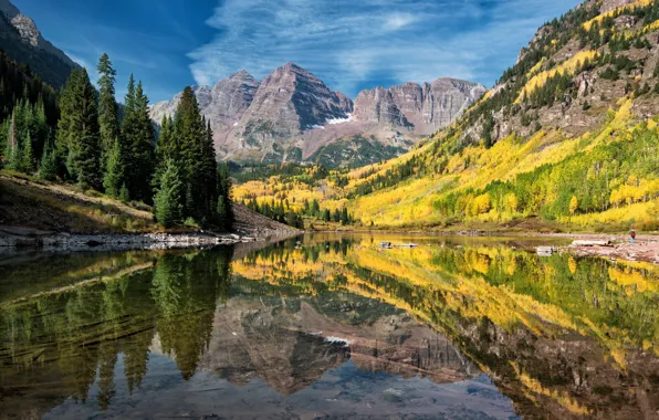 Осень, горы, отражение, Колорадо, США, Аспен, озеро Марун