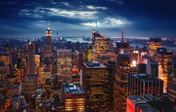 Картинка город, огни, Нью-Йорк, вечер, США, Нью Йорк