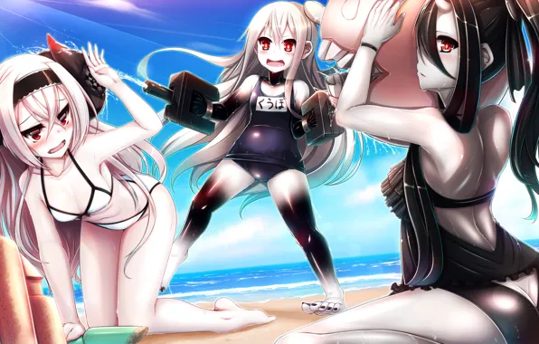 Gun, ass, beach, weapon, boobs, breast, anime, tits
