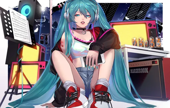 Девушка, Ноты, Арт, Hatsune Miku, Vocaloid, Вокалоид, Хатсуне Мику, Смартфон