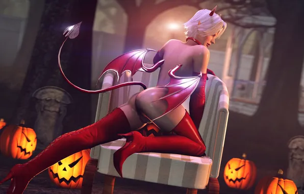 Попа, девушка, праздник, ноги, крылья, хвост, рога, halloween