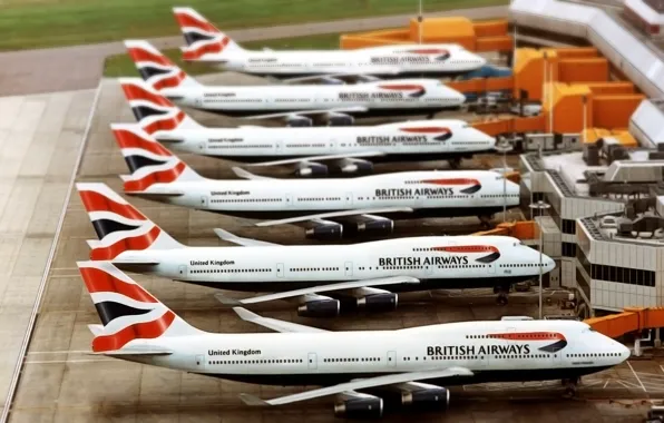 Картинка Самолет, Аэропорт, Boeing, Много, Боинг, 747, Пассажирский, Авиалайнер