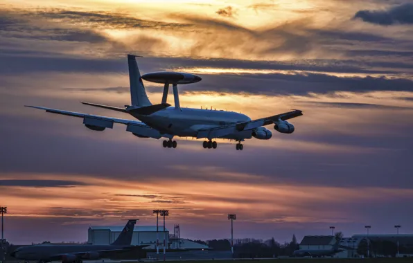 Вечер, самолёт, взлет, дальнего, обнаружения, радиолокационного, Sentry, Boeing E-3