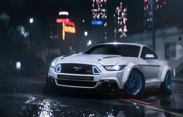 Картинка Mustang, Ford, Car, Front, Night, RTR, Rain, 2016