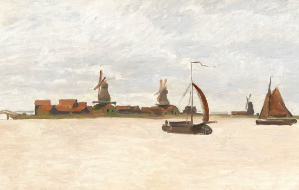 Картинка пейзаж, лодка, картина, парус, Клод Моне, ветряная мельница, The Voorzaan