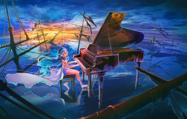 Картинка небо, девушка, облака, закат, корабли, аниме, рояль, арт