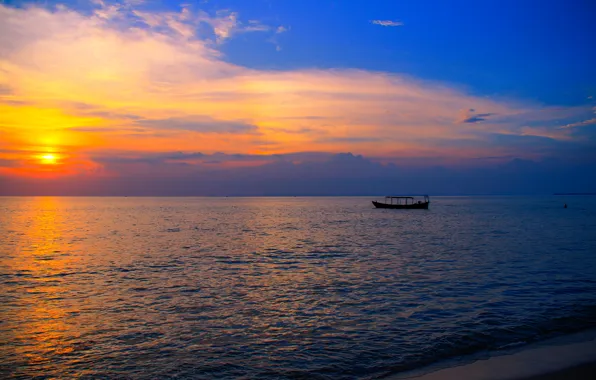 Море, закат, лодка, Азия, Камбоджа, пляж Отрес