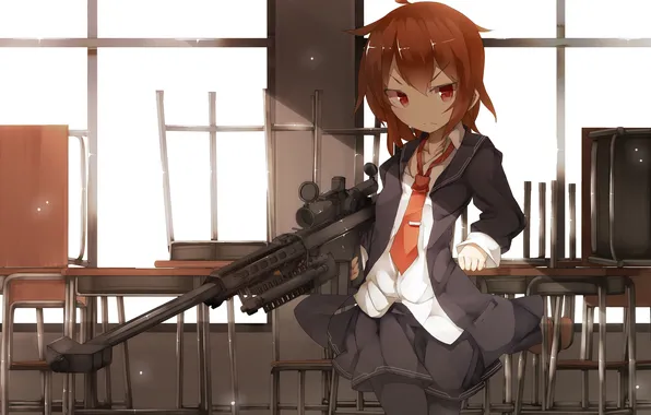 Картинка девушка, оружие, юбка, арт, галстук, форма, винтовка, кабинет