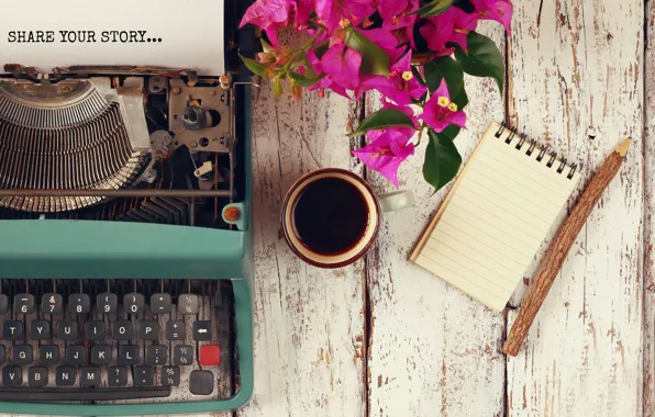 Coffee, paper, table, typewriter