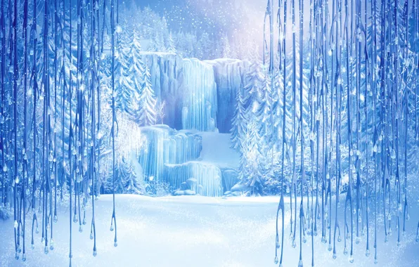 Картинка снег, снежинки, лёд, сосульки, Frozen, ёлки, Walt Disney, анимация