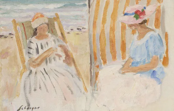 Рисунок, картина, Henri Lebasque, Анри Лебаск, Две молодые женщины на пляже Сен-Жан-де-Мона