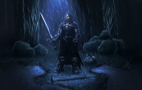 Картинка ночь, дождь, меч, воин
