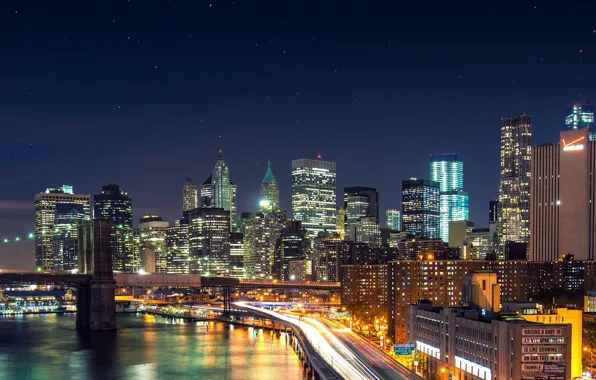 Картинка city, lights, widescreen, USA, river, bridge, night, New York