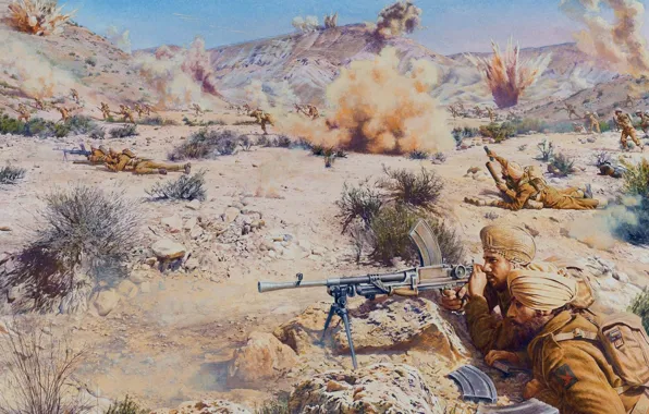 Картинка песок, камни, война, рисунок, взрывы, бой, арт, солдаты