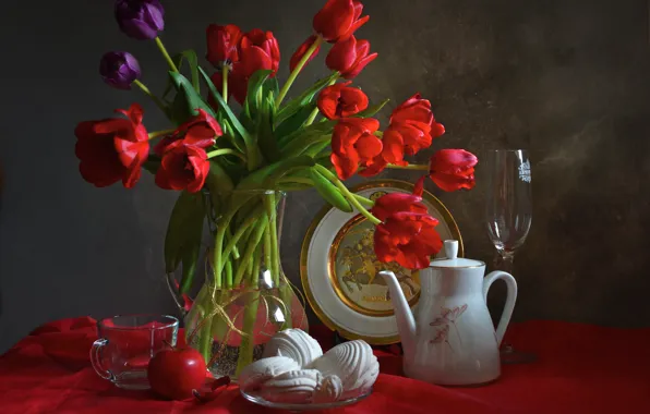 Стекло, букет, тюльпаны, посуда, натюрморт, композиция